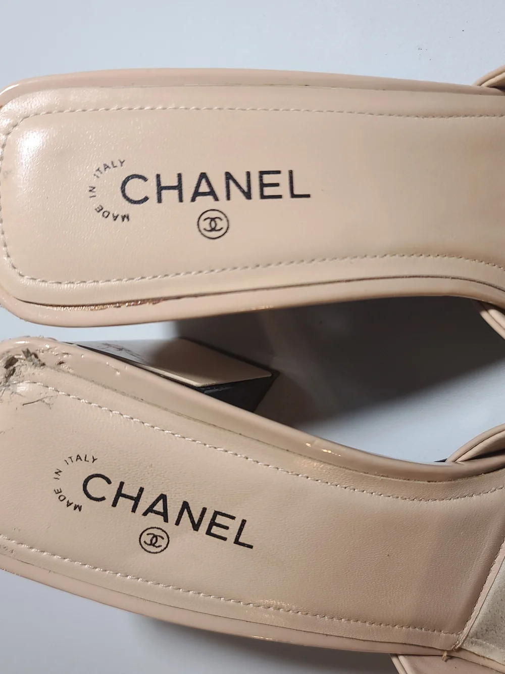 CHANEL Nude Patent Leather Slide Sandals